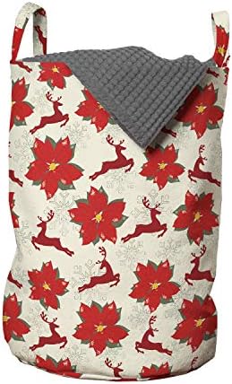 Ambesonne Noel Çamaşır Torbası, Dörtnala Ren Geyiği ve Kar Tanesi ile Canlı Atatürk Çiçeği Çiçekleri, Çamaşırhaneler için İpli Kulplu