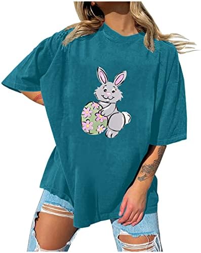 Bayan Tavşan Yumurta Baskı Yarım Kollu Damla Omuz Büyük Boy Tee Komik Paskalya Gömlek Gevşek Rahat Tatil T Shirt Tops