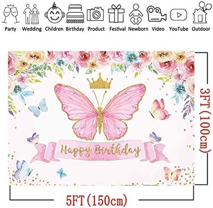 XLL Mutlu Doğum Günü Tema Fotoğraf Arka Planında Kelebek Pembe Gül Çiçek Taç Fotoğraf Peri Prenses Kız Doğum Günü Partisi Dekorasyon