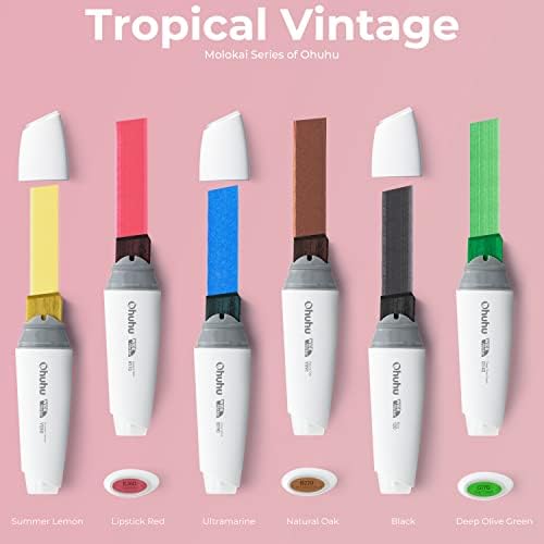 Ohuhu Çift Uçlu Sanat Markers 40 Renkler + 1 Blender Ekstra Geniş Kurulu İpucu 6 Renkler Tropikal Vintage Paket
