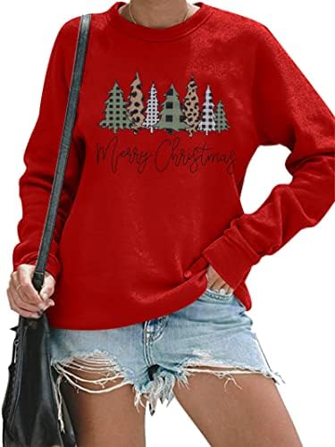 EGELEXY Merry Christmas T Shirt Kadın Noel Leopar Piald Ağaçları Baskı Kazak Rahat Uzun Kollu Tatil Bluz