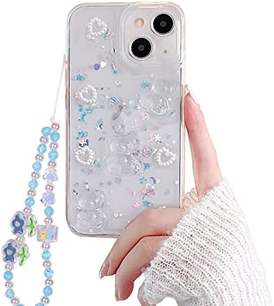 Fycyko iPhone 13 Kılıf ile Uyumlu telefon süsü / Zincir Kayış, Sevimli 3D Ayı Glitter Bling Temizle Tasarım iPhone 13 Kılıf Kadınlar