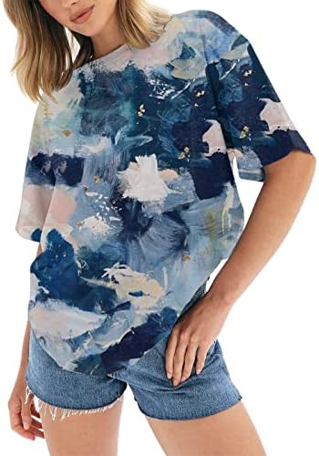 Büyük boy T Shirt Kadınlar için Rahat Y2k Yaz Üstleri Ekip Boyun Kısa Kollu Grafik Tees Degrade Renk Gevşek Fit Tee Gömlek