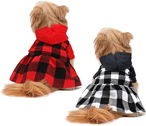 2 Parça Örme Ekose Köpek Hoodie Elbise Sıcak Yumuşak Köpek Kazak Etek Kıyafet Şapka ile Sonbahar ve Kış Pet Coat Giyim Tasma ile Delik