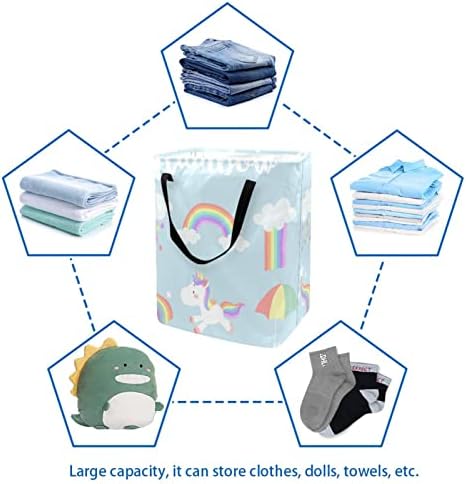 Gökkuşağı Unicorm Bulutlar Yağmur Şemsiye Baskı Katlanabilir çamaşır Sepeti, 60L Su Geçirmez çamaşır sepetleri Çamaşır Kutusu Giysi