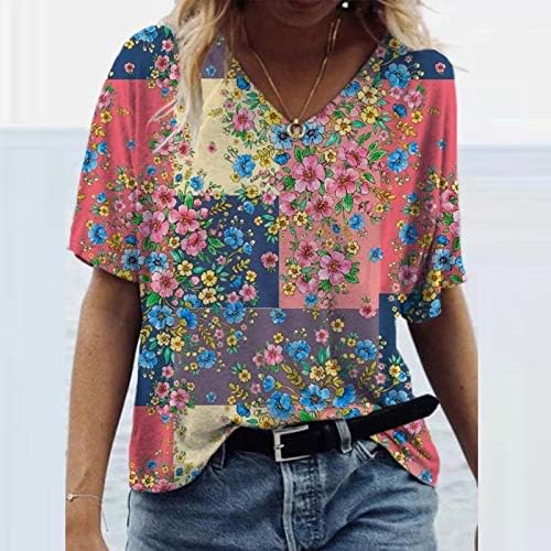 Moda Baskılı T Shirt Kadınlar için Her Yerinde Renkli Çiçek Desen Bluzlar Yaz V Boyun Kısa Kollu Tee Tops