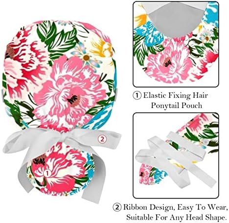 2 Paket Cerrahi Kap Ter Bandı, Nefes Kabarık Şapkalar Uzun Saç, Ayarlanabilir Hemşire Fırçalama Kapaklar Çiçek Çiçek