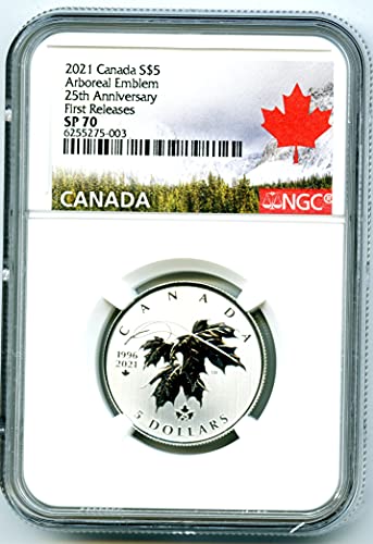 2021 CA Kanada Kraliyet Darphanesi Akçaağaç Yaprağı 25. Yıl Dönümü Aboreal Amblemi İLK SÜRÜMLER TOP POP SADECE 3 $5 SP70 NGC