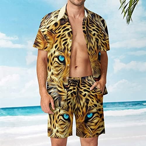 Prairie Cheetah Leopar Erkekler 2 Parça Hawaii Seti Düğmeli Kısa Kollu Gömlek plaj pantolonları Gevşek Fit Tees Eşofman