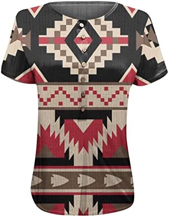 Kısa Kollu Gömlek Kadınlar için Batı Aztek Baskı T-Shirt Düğmesi V Boyun Gömlek Vintage Etnik Yaz Tees Bluz Üst