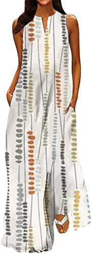 Kadın Bodycon Elbiseler Yaz Moda Klasik V Yaka Renkli Baskı Kolsuz uzun elbise Tatil Elbiseler