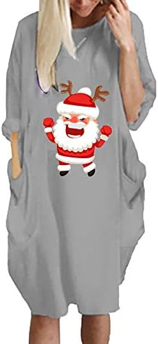 BADHUB Xmas_Dress Moda kadın Kış Artı Boyutu Gevşek O-Boyun Cep Noel Baskılı Elbise Fantezi Retro_Dress