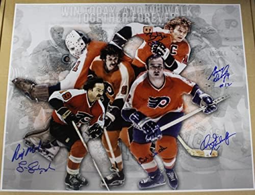 Bob Clarke, Gary Dornhoefer, Rick MacLeish, Larry Goodenough, Ed Van Impe ve Orest Kindrachuk Philadelphia Flyers İmzalı 16x20 Fotoğraf