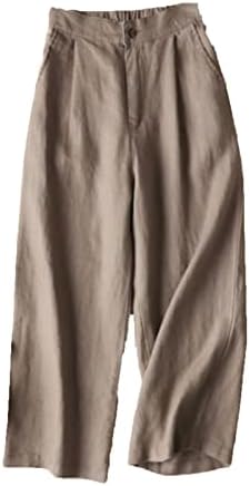 Maiyifu-GJ kadın Keten Kırpılmış Geniş Bacak Pantolon Yüksek Belli Düğme Aşağı Uzun Pantolon Streç Düz Yaz Rahat Pantolon