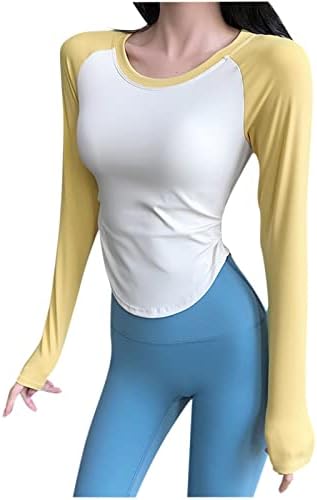 Kadın Uzun Kollu Yoga Gömlek Hızlı Kuru Egzersiz Koşu Spor Casual Tops Colorblock Patchwork Ince Kırpılmış Bluz