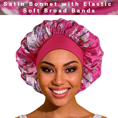 Saten Kaput Saç Bonesi Uyku için-4 Paket Büyük İpek Boneler Siyah Kadınlar için Elastik Yumuşak Bant ile Saç Bakımı için