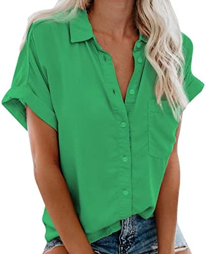Kadın Moda Rahat T Shirt Turn-Aşağı Yaka Düğmesi Bluzlar Katı Kısa Kollu Tee Tops 2023 yaz giysileri